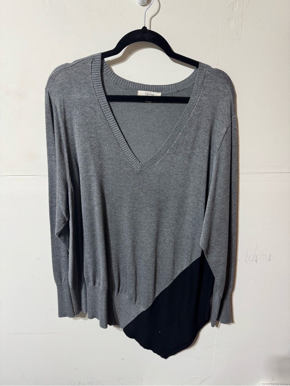 Gray V-Neck Sweater with Black Hem Detail
